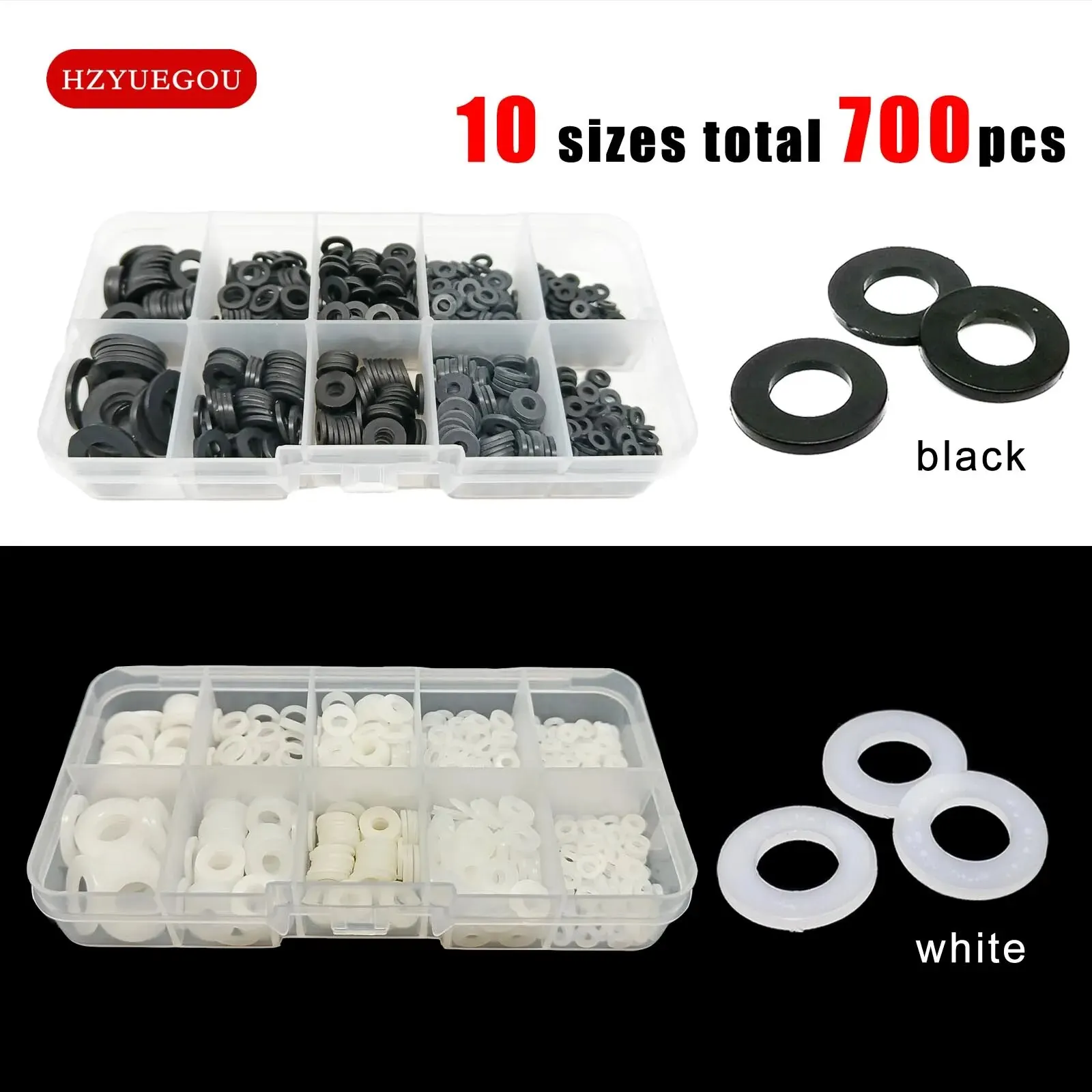 1150/700/500pcs Plastic Nylon Flat Washer Plain Spacer Insulation Gasket Ring Mix M2 M2.5 M3 M4 M5 M6 M8 Assortment Kit Set Box