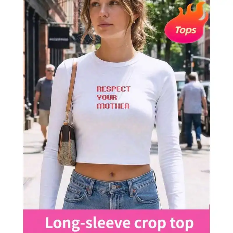 Respect Your Mother Long Sleeve Crop Tee, Minimalist Crop Top, Vintage Text Graphic T-Shirt, Soft Sl,Fall Clothes For Women,Tops