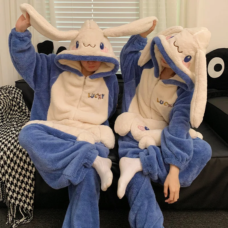 Sanrio Cinnamoroll Kuromi pijamas de felpa mono de animales pijamas con capucha de dibujos animados ropa de dormir de invierno camisón esponjoso para adultos