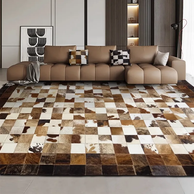 

Retro Genuine Brown Cowhide Living Room Carpet Large Light Luxury Area Rug Bedroom Decoration Soft Real Cow Fur Carpet Floor Mat