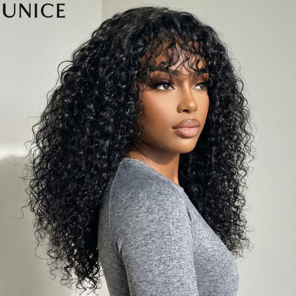 UNice Shaggy Curly Wig With Pre-Cut Bangs & Drawstring Natural Black 4x2 Lace Part Glueless Human Hair Wig 180% Density