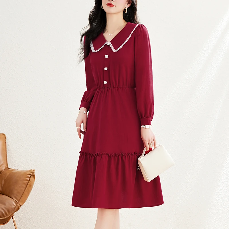 

Женские хлопковые платья, женский кукольный воротник с длинным рукавом, большой размер 3XL, элегантная осенняя линия ​ Зимние красные платья длиной до колена с рюшами