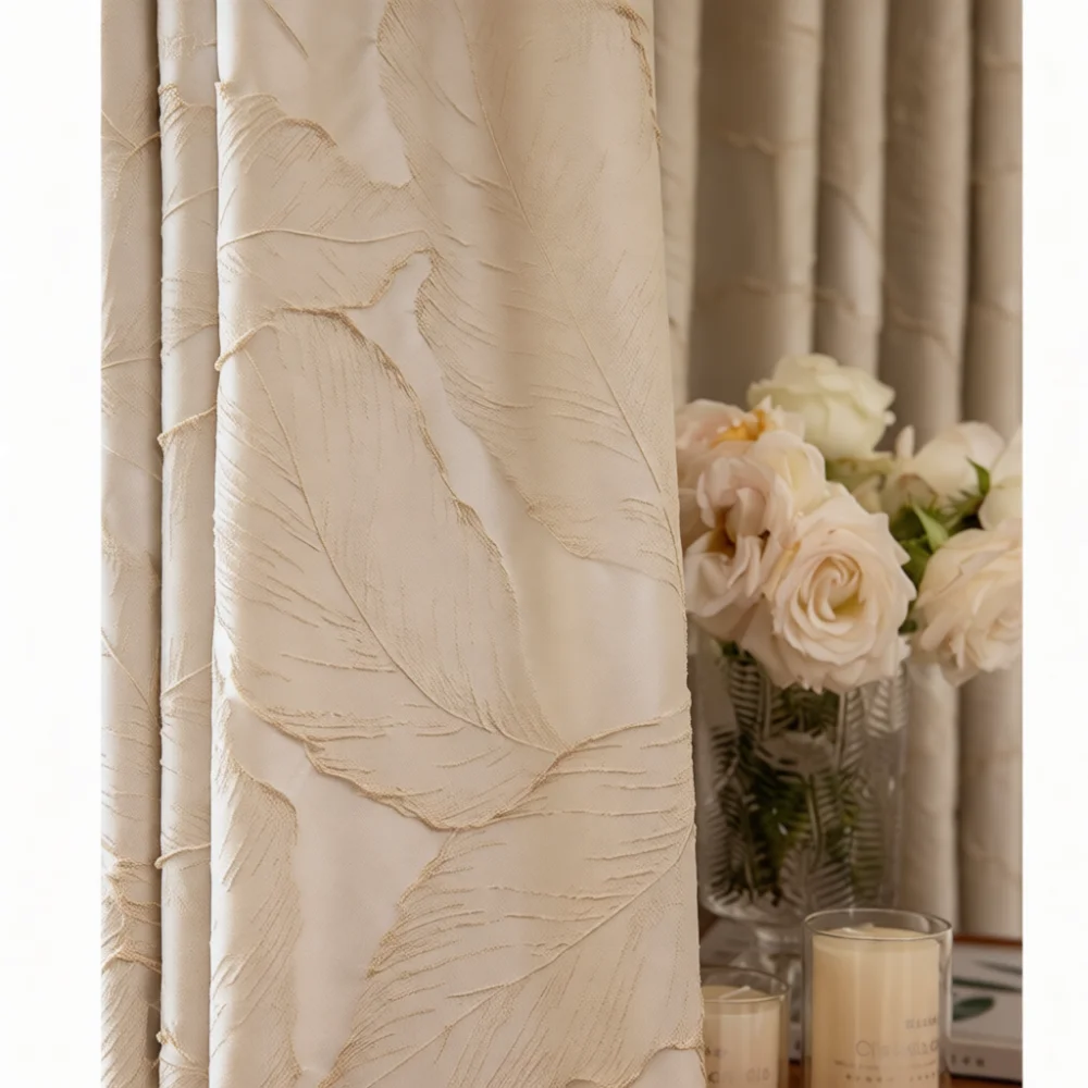 Embossed Jacquard Curtains Gold Leaf Design Light Luxury Blackout Drapes For Window Decor Modern Home Bedroom Living