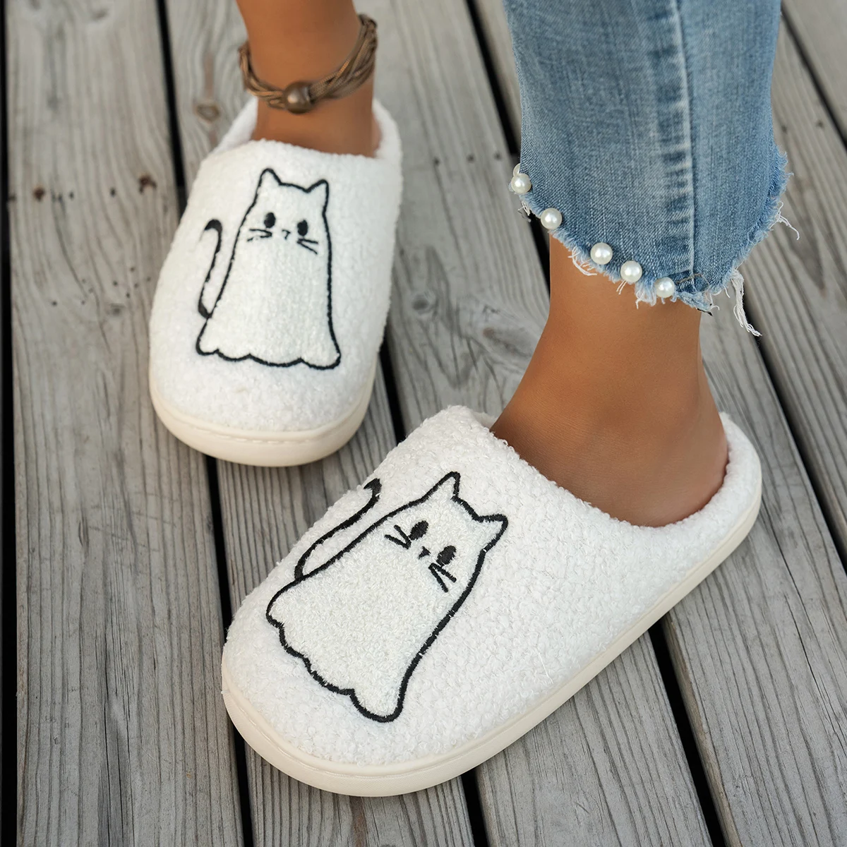 Cartoon Pattern Cat Women's Winter Indoor Slippers Interesting Cute Girl's Warm Fashion Home leisure Soft Fuzzy Bedroom Shoes