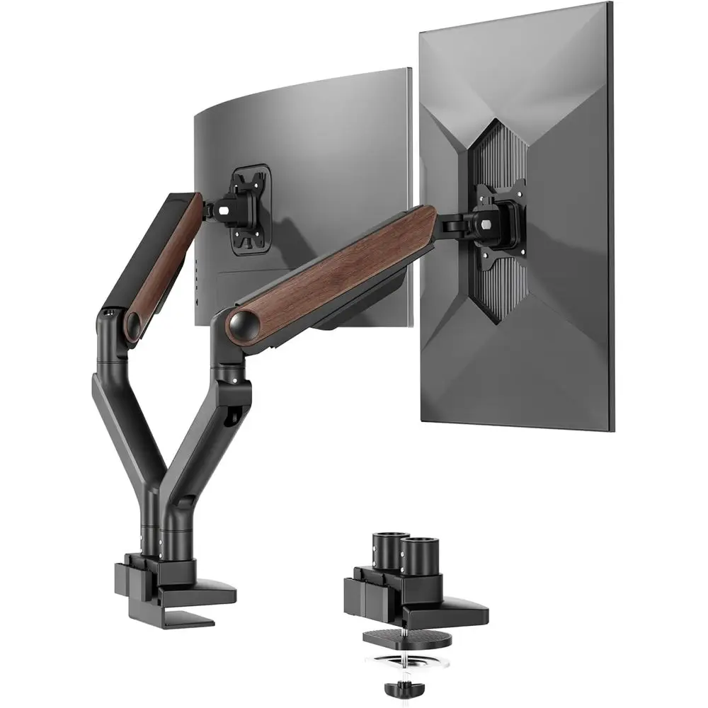 

Durable Dual Monitor Stand, Adjustable Gas Spring Arms, Supports up to 39 Screens, 44 lbs, VESA 75/100, Wood Grain