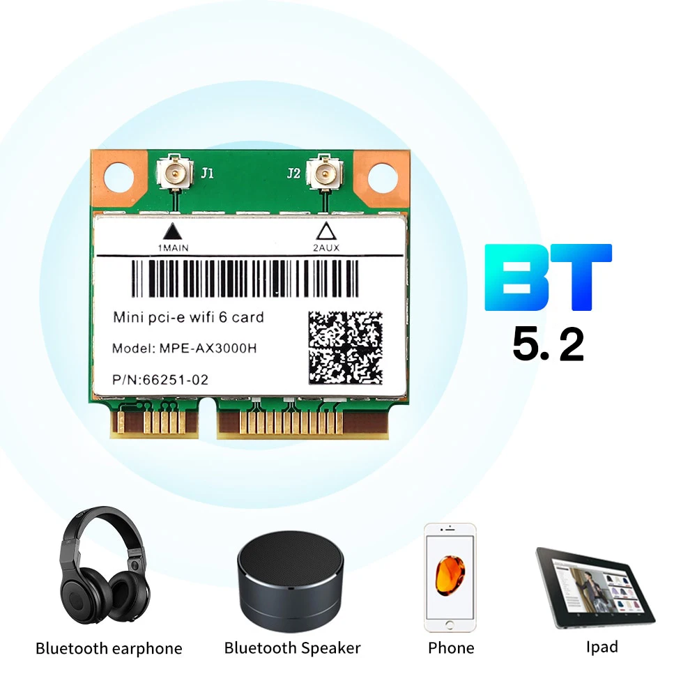 듀얼 밴드 무선 하프 미니 PCI-E 네트워크 와이파이 카드, 블루투스 5.2, 802.11ax/ac, 2.4Ghz/5Ghz 어댑터 MU-MIMO, 2974Mbps, 와이파이 6 AX200