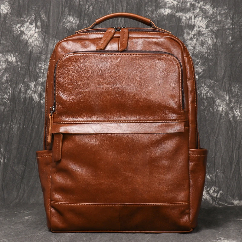 Retro Leather Men's Backpack European and American Fashion Travel Bag Top Layer Cowhide Casual School Bag 15.6 inch Laptop Bag