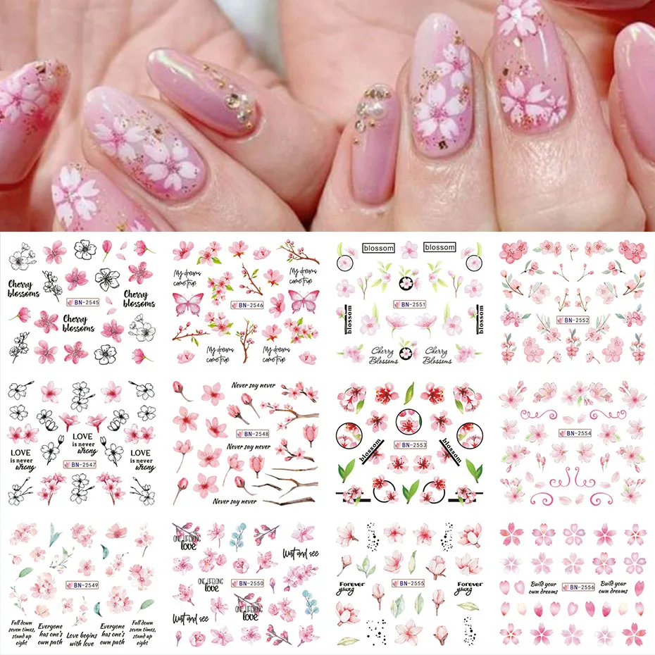 Autocollants à l'eau pour ongles, 12 modèles de fleurs de cerisier roses, décalcomanies coulissantes pour ongles, feuilles florales, décoration de manucure de printemps à faire soi-même