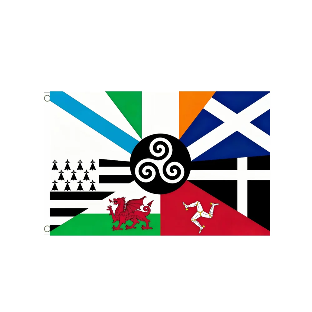 Celtic Nations Flag 2x3ft 3x5ft Polyester All Celtic Countries Banner with Welsh Dragon Scottish Saltire Manx Triskelion Decor