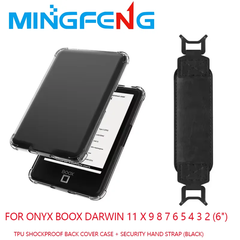 

2-в-1 для Onyx Boox Darwin 11 X 9 8 7 6 5 4 3 2 (6 дюймов электронная книга Прозрачный противоударный чехол из ТПУ + защитный ремешок для рук (черный)
