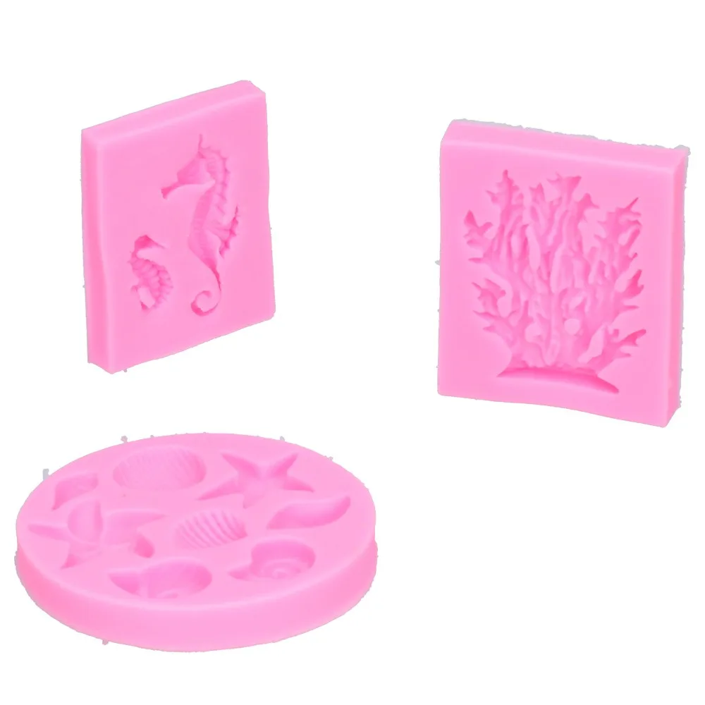 6pcs Silicone Silicone Molds Conch Seagrass Seahorse Fishtail Starfish Seashell Fondant Molds Pink Ocean Series Chocolate Molds