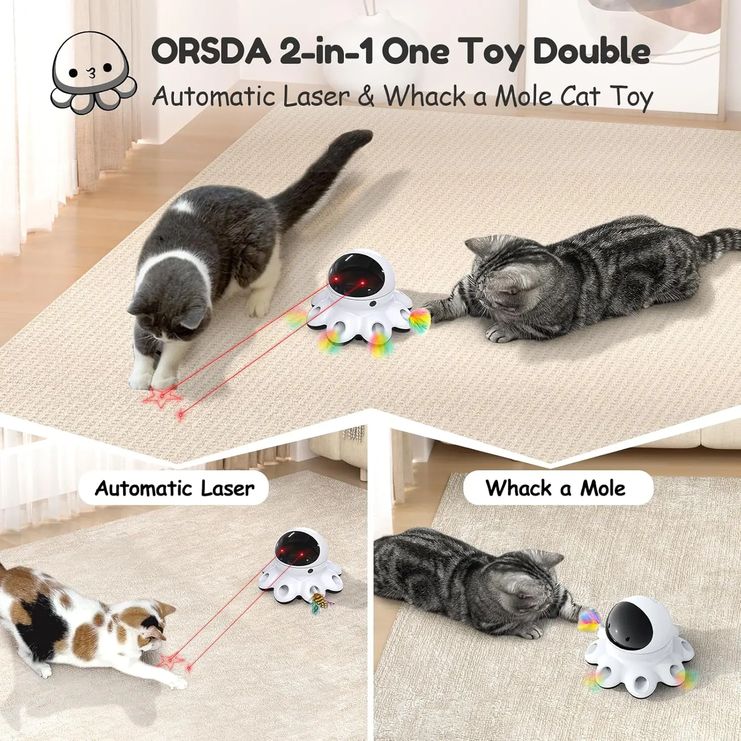 Cat Laser Toy, 2-in-1 Interactive Cat Toys for Indoor Cats, Automatic Laser Pointer Cat Toy, 8 Holes Mice Whack A Mole Moving