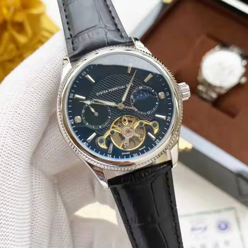 2025 ساعة توربيون فاخرة للرجال أوتوماتيكية ميكانيكية من الفولاذ المقاوم للصدأ بحزام جلدي كريستال الياقوت مقاومة للماء