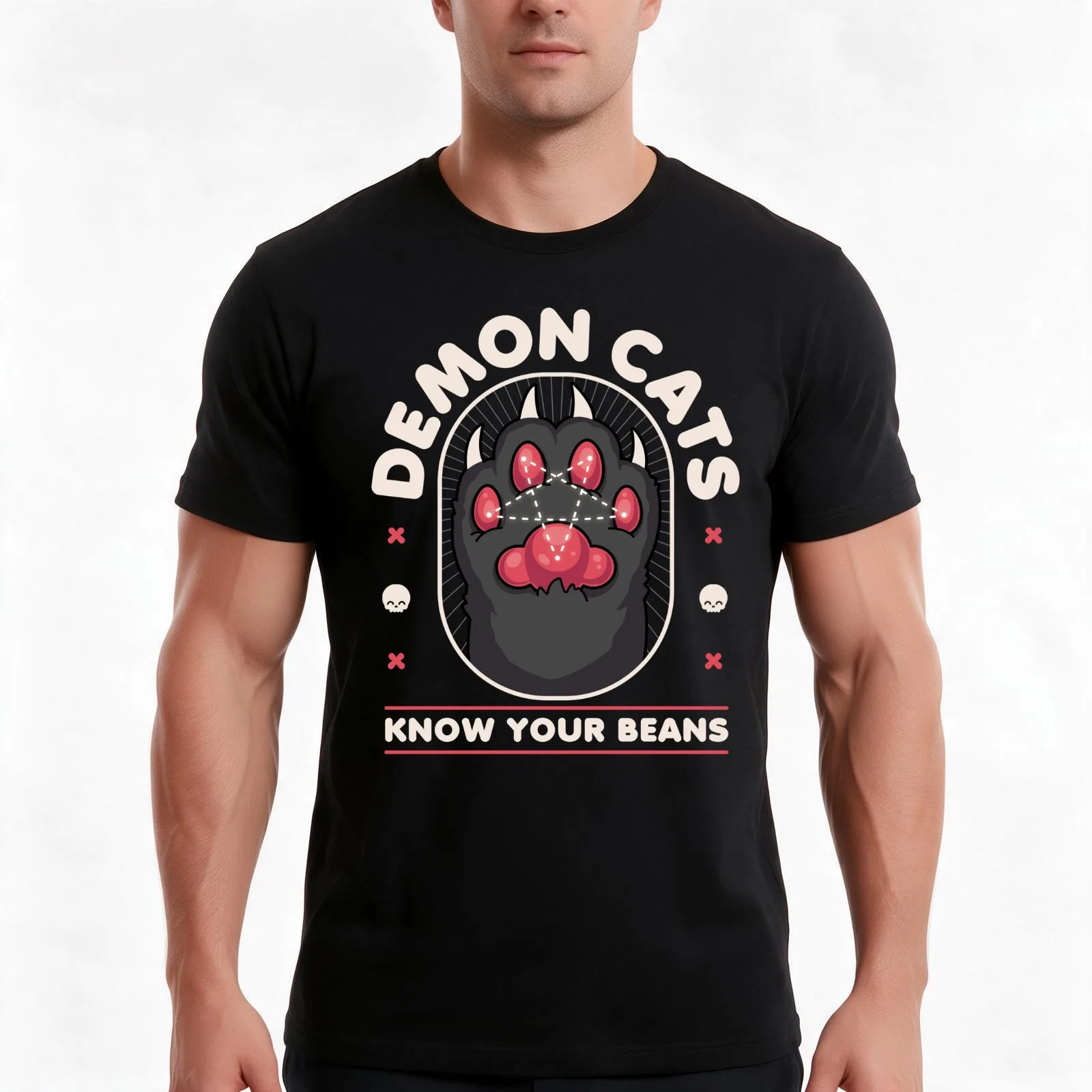 Demon Cats Know Your Beans - Kawaii Krypt T-Shirt, Summer Casual Cotton Tee, Oversized Streetwear Tops, Vintage Graphic Print
