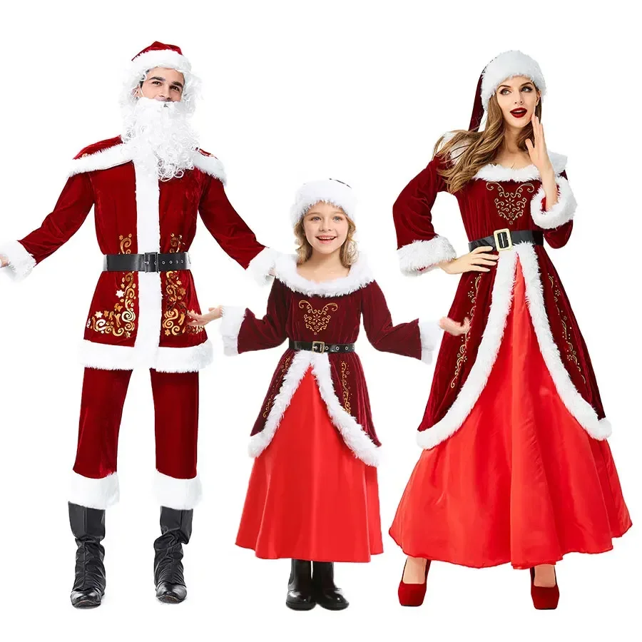 Adulto papai noel traje para mulheres homens crianças meninas plus size papai noel ajudante veludo trajes de natal para festa