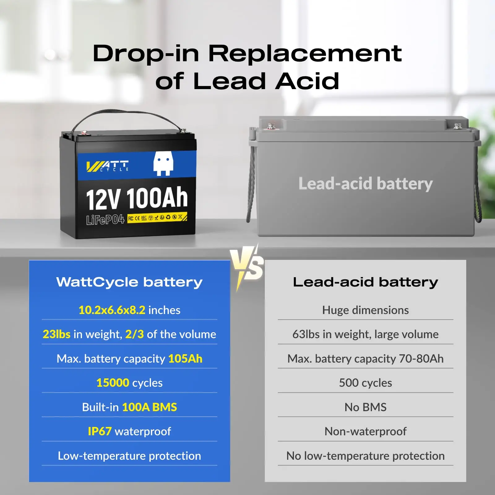 12V 100Ah LiFePO4 Battery, BCI Group 24 Built-in 100A BMS and Low-Temp Protection, 6000+ Deep Cycles for RVs, Boats
