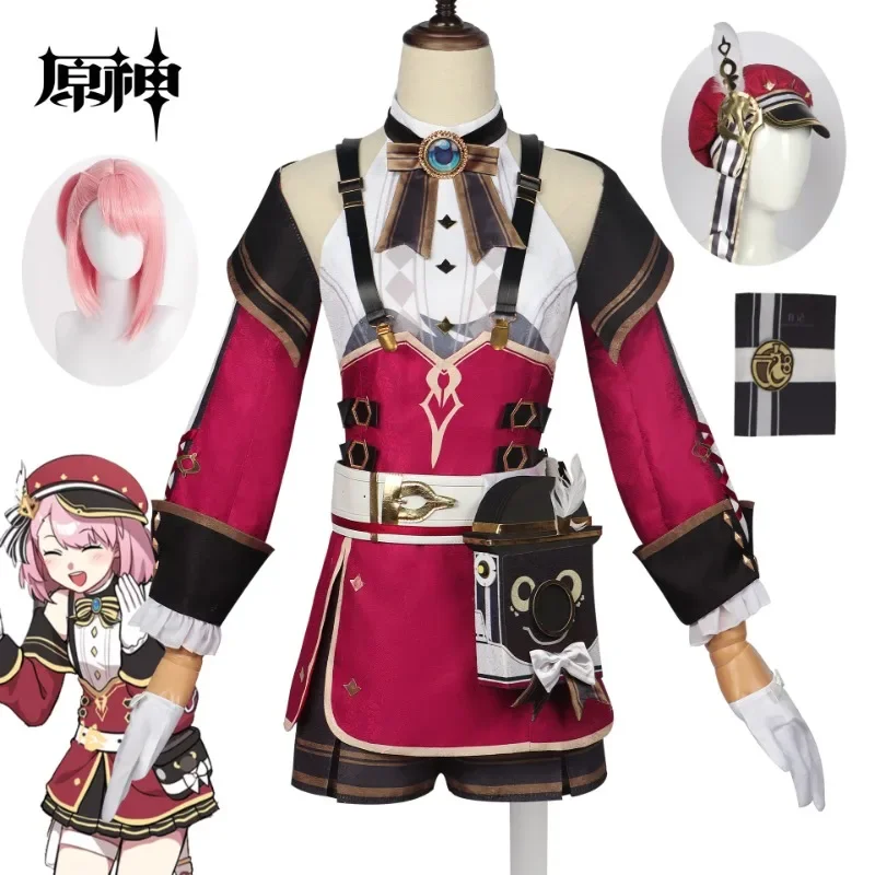 Charlotte Cosplay Costume da impatto Genshin parrucca rosa parrucca rosa vestito da festa di carnevale di Halloween dell'ufficio del giornale dell'uniforme di nicole