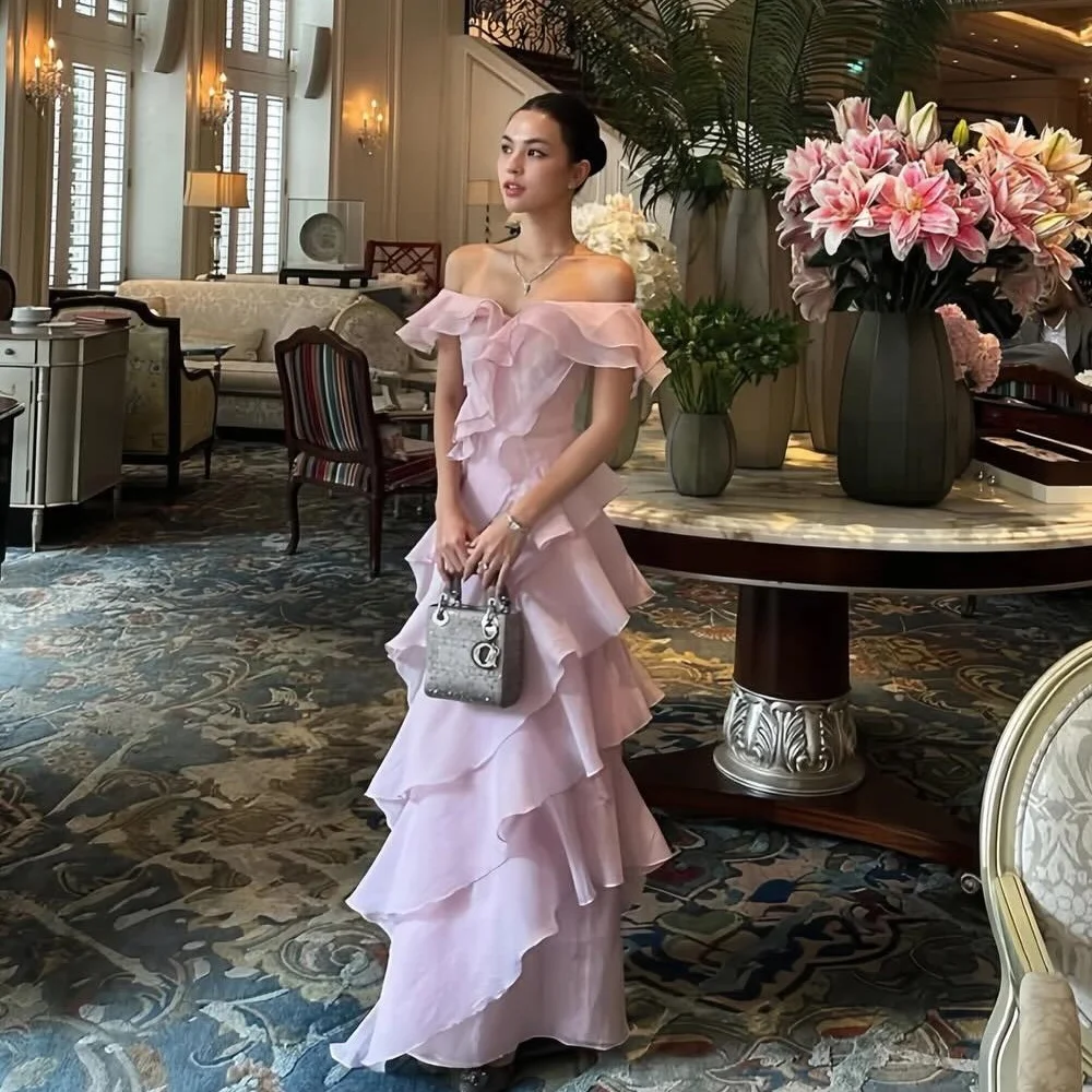 

Customized Sizes Available Simple Pink Chiffon Pleat Ruched Tiered Mermaid Off-the-shoulder Floor-Length Evening Dresses