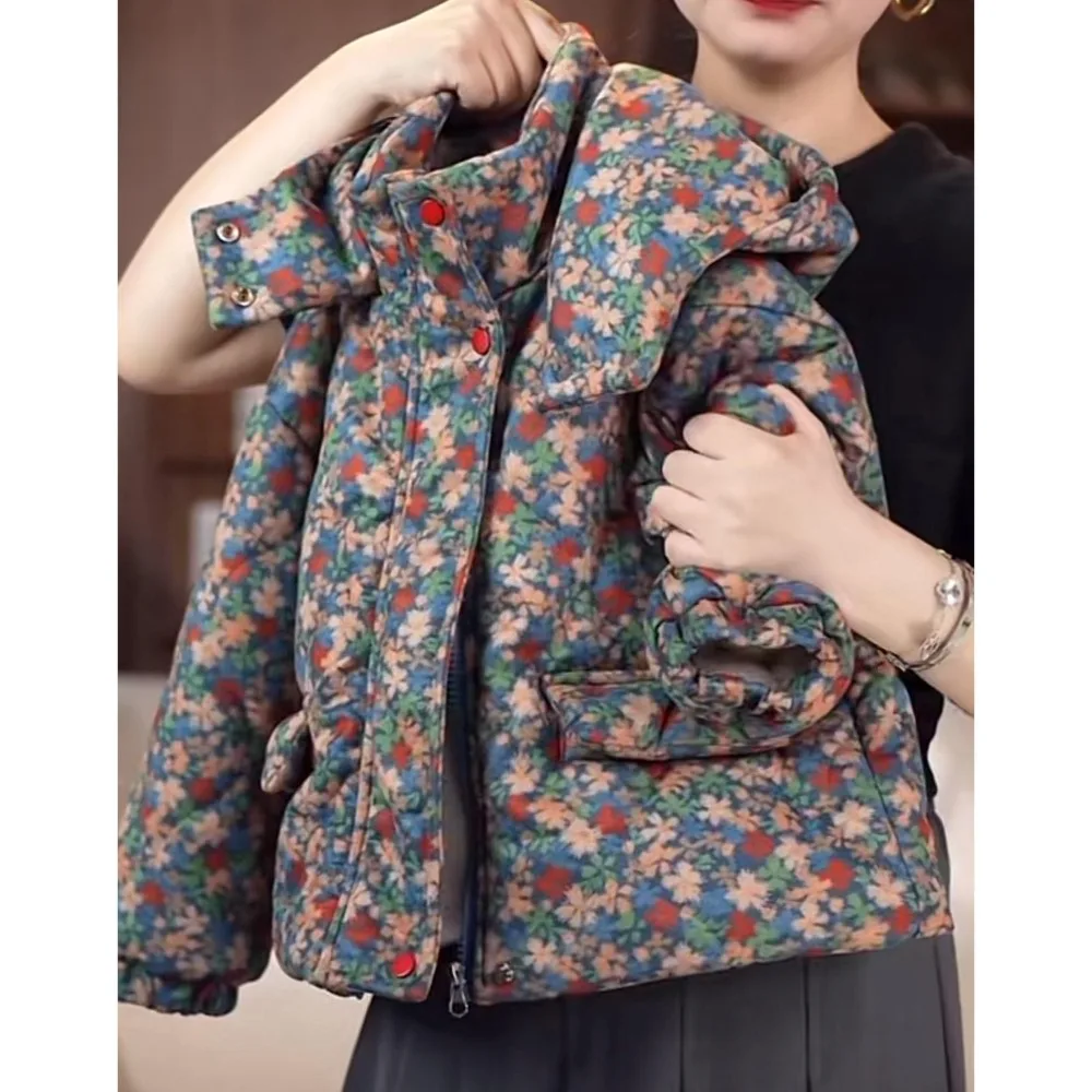 Korean Style Kids Girls Floral Down Jacket Winter New, Cute Stylish Warm Windproof Outerwear For Baby Girls Cold‑Resistant Coat