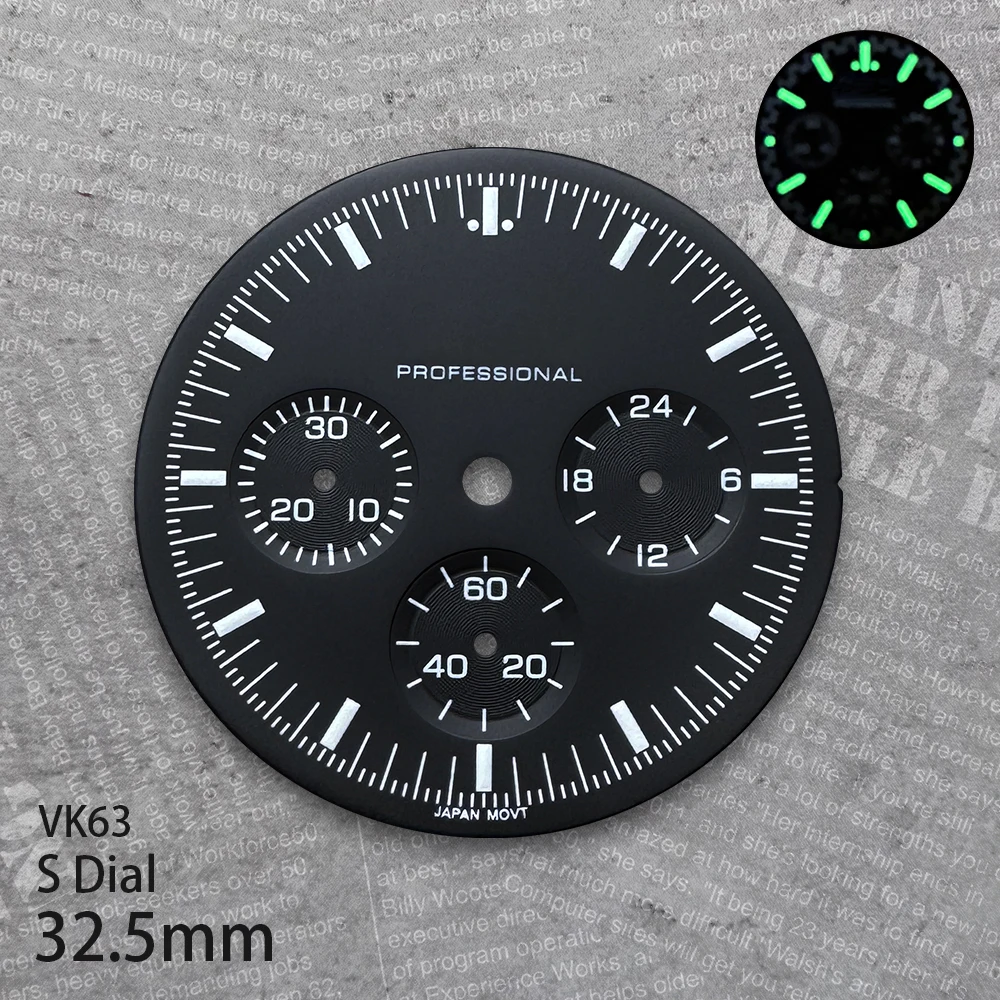 32.5 mm Panda S Logo Dial Suitable For VK63 Movement Green Luminous Mattet Quality Watch Modification Accessories