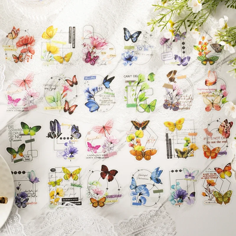 30 Sheets PET stickers literature and art fashion fresh and simple butterfly collage materials decorative Scrapbook 8 kinds