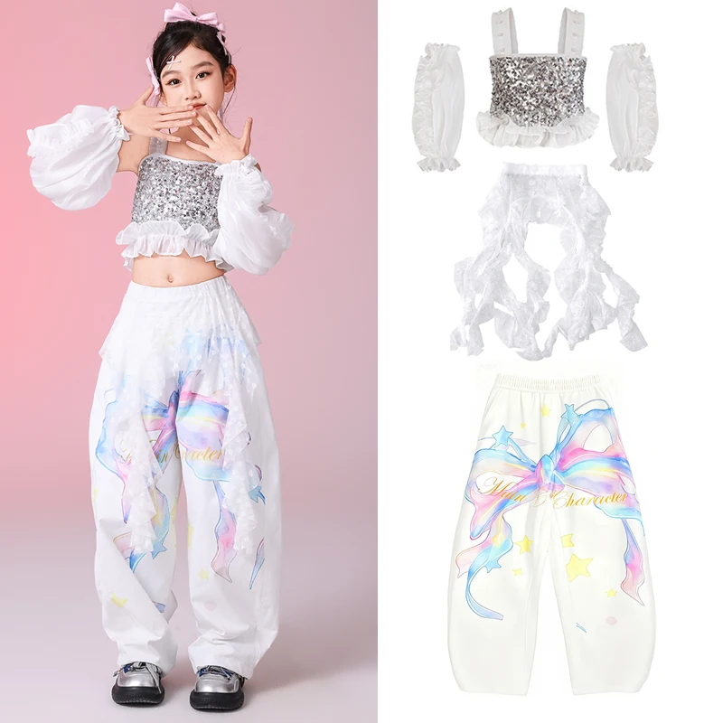 ファッションキッズ K-pop 衣装女の子ジャズダンスパフォーマンス衣装スパンコールトップヒップホップパンツ子供社交ダンス服 XS10585