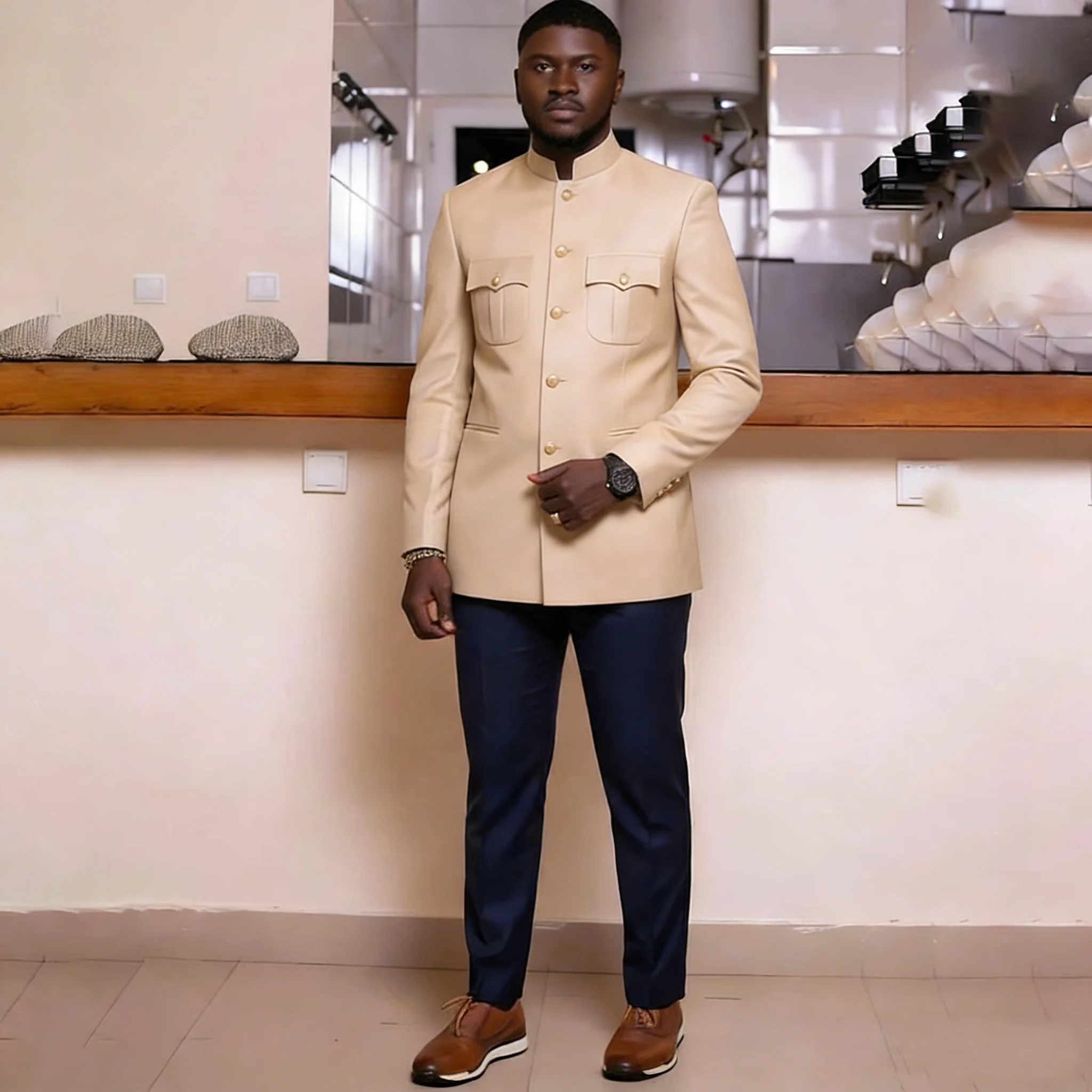 

Мужские африканские костюмы сафари, приталенные, из 2 предметов: пиджак и брюки, однобортные, для свадьбы, жениха, выпускного вечера, официальных мероприятий, на заказ, для мужчин