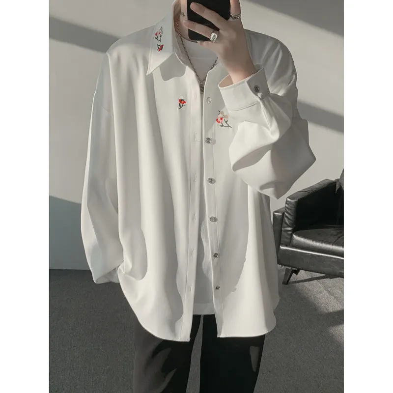 Elegant Chinese Style Long Sleeve Shirt Men's Loose Fit Embroidered Casual Shirt Floral Pattern Drapey Comfortable Workwear