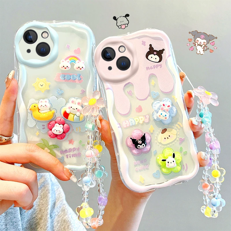 Lovely 3D Kuromi Rabbit Chain Phone Case For iPhone 14 13 12 11 Pro Max X XR XS 8 7 6 6S Plus SE 2020 Soft Silicone Back Cover