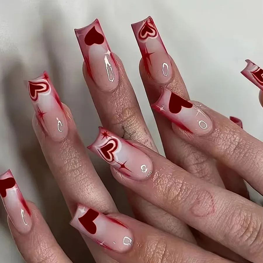 24 Stück Flash Diamond Falsche Nägel Rosa Zebramuster Französischer Stil Press On Nails Sternkette Dekor Y2k Valentinstag Fake Nail – Detail 8