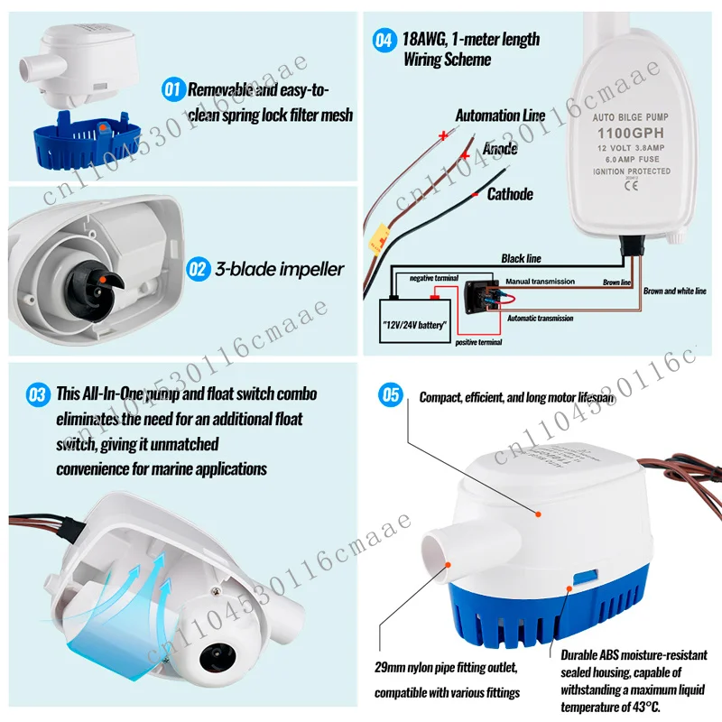 12V 24V Automatic Bilge Pump, Small DC Submersible Marine Pump G750 G1100 Suitable for Marine RV Yachts