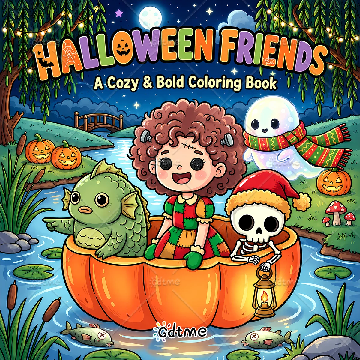 Cozy Bold Halloween Friends Coloring Book for Adults Cute Spooky Scene Doodles Large Print Stress Relax Art Drawing Ideal Gift