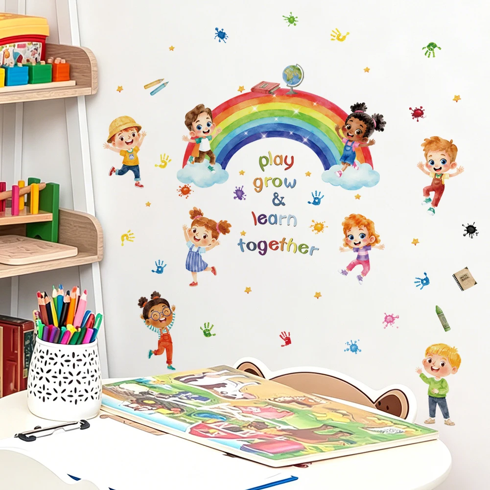 Rainbow Kids Wall Sticker Play Grow Learn Together Decal for Daycare Nursery Kindergarten Bedroom Home Wall Decor