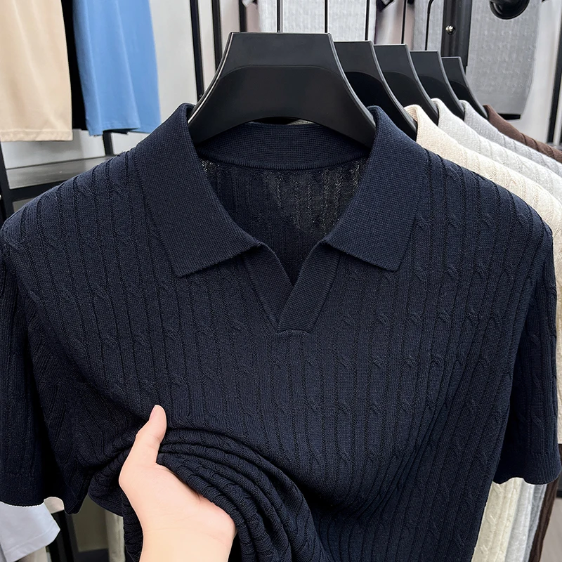 Tencel Linen Seagull Collar Polo Shirt Men's Summer Twisted Flower Knitted Breathable High-end Short Sleeved T-shirt Trendy