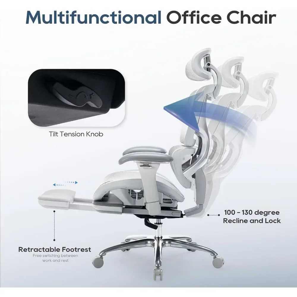 Kursi kantor jaring ergonomis dengan sandaran kaki, kursi meja komputer punggung tinggi eksekutif dengan sandaran kepala lebar dan lengan 3D yang dapat disesuaikan