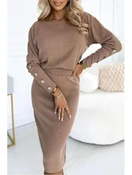 Autumn And Winter Fashion Round Neck Pit Button One Step Skirt Suit Women New Casual 2 Piece Sets Ladies  Hip Wrapped Skirt Sets
