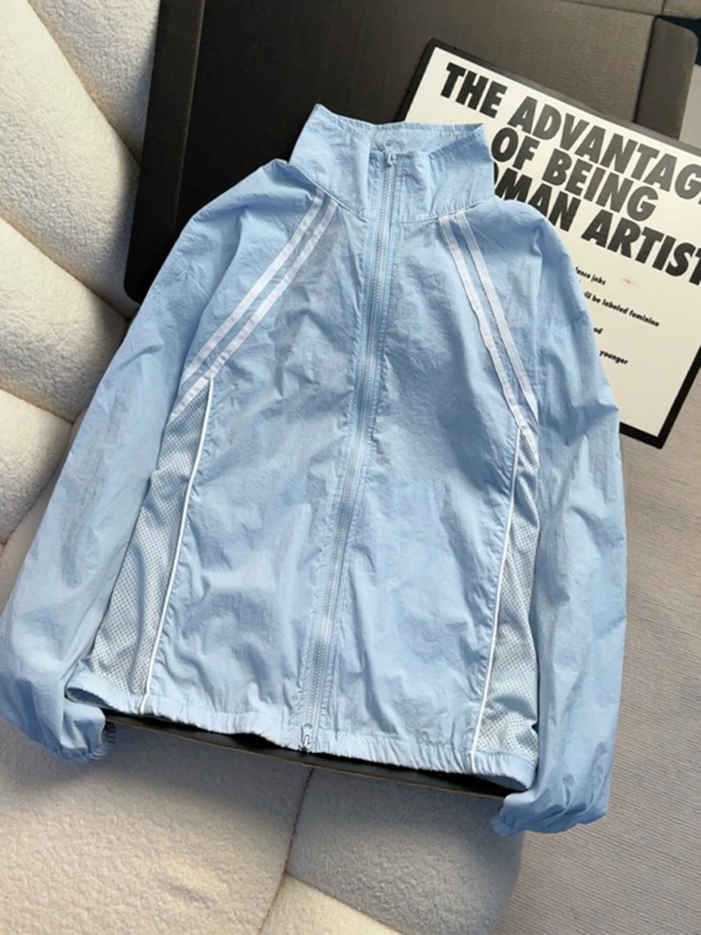 

Light Blue Mesh Breathable Sun Protection Clothing Men Women Summer Thin Striped Stand Collar Quick Dry Outdoor Cycling Jacket