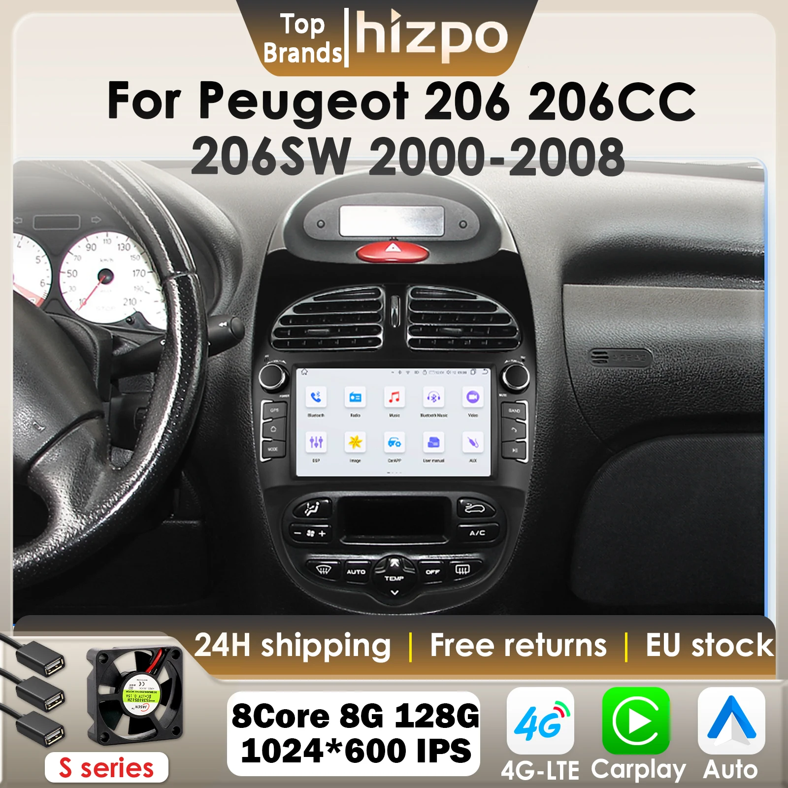 Hizpo 7 pollici 2Din Android Autoradio Per Peugeot 206 206CC 206SW 2000-2008 Lettore Multimediale di Navigazione GPS Carplay 4G DSP RDS BT
