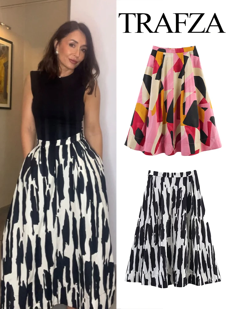 

TRAFZA Women Summer New Fashion Versatile Zipper Printed Midi Casual Skirt Female Sexy Temperament High-Waist Slim A-line Skirt