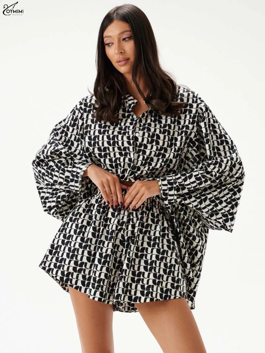

Oymimi Elegant Black Print Woman 2 Piece Set Outfit Fashion Long Sleeve Loose Button Shirts And High Waisted Pockets Shorts Sets