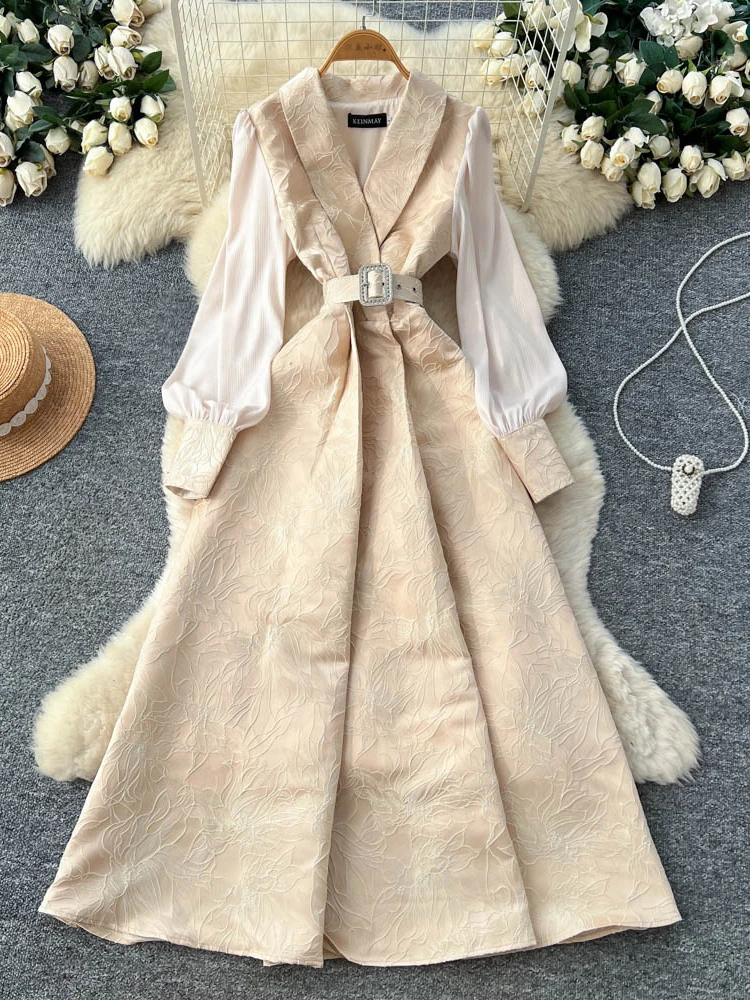 

Elegant Long A-Line Dress with Embroidery Bubble Sleeves V-Neck Diamond Belted Women's Commute Style High Waist Polyester