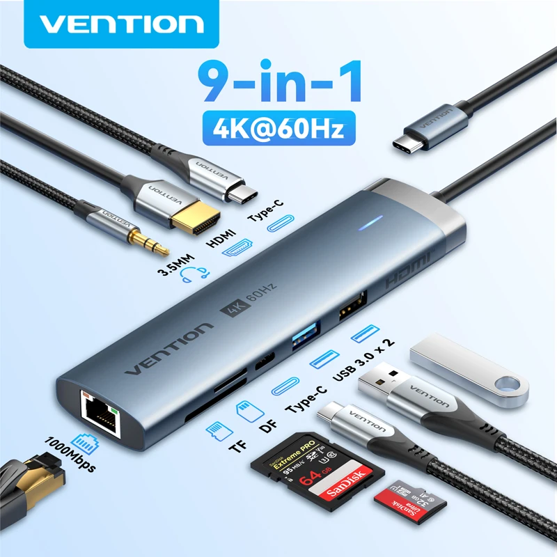 

Vention 4K60Hz USB C HUB HDMI-адаптер типа C к RJ45 Ethernet USB3.0 PD100W SD и TF для ноутбука MacBook Pro Док-станция USB-концентратор