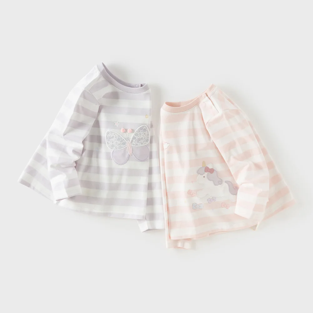 Dave Bella Pure Cotton T-shirt for Children Striped Pullover Top Casual Girls Bottom Top Fashion Soft Butterfly Print DB3262931