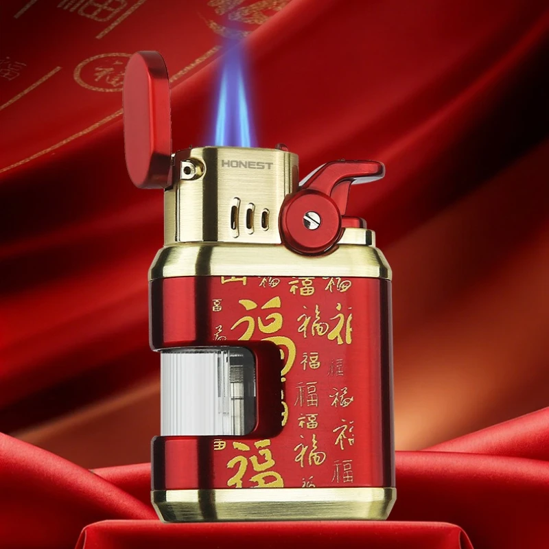 Briquet rechargeable à double flamme HONEST, briquet à jet coupe-vent en alliage de zinc avec réservoir transparent, classique et luxueux pour homme