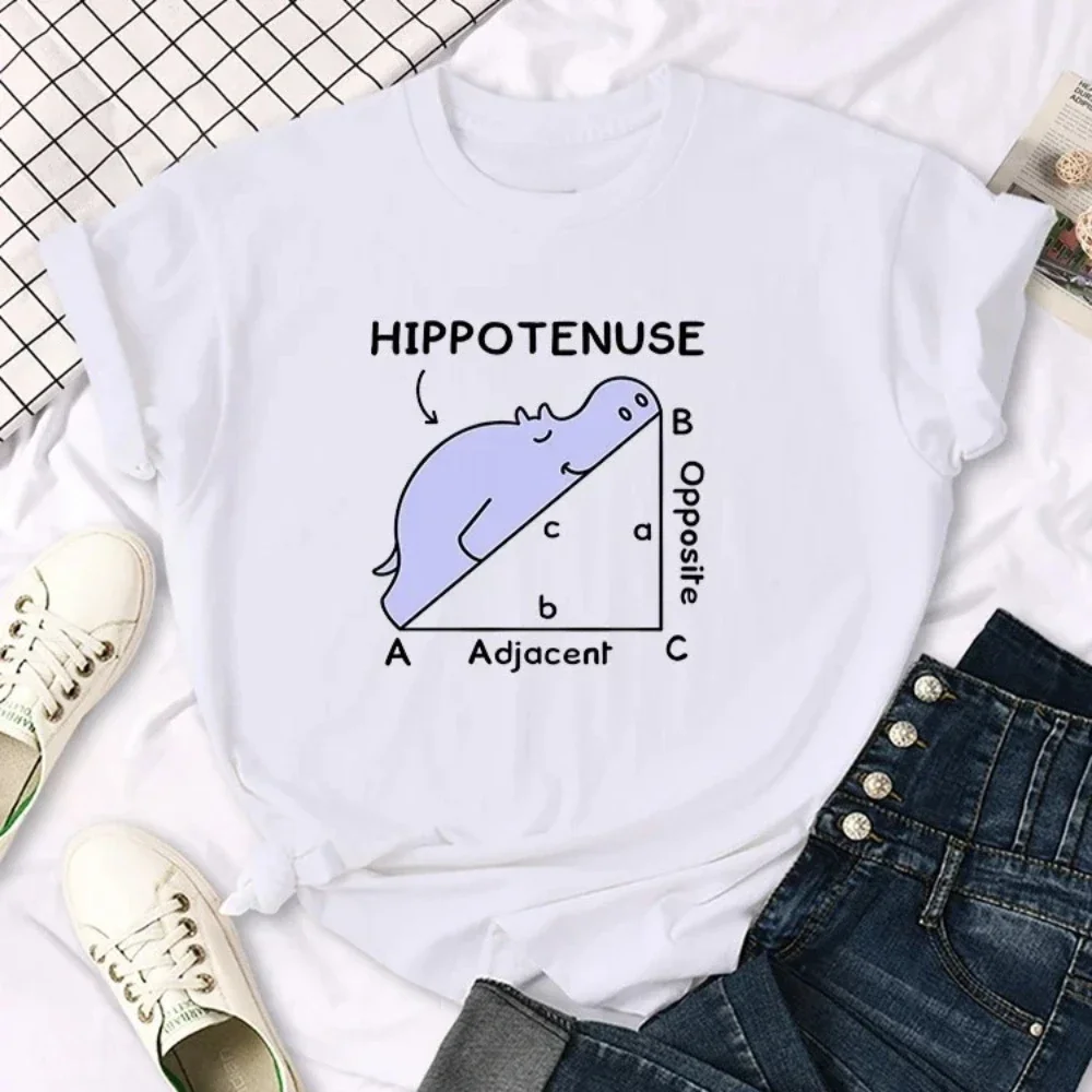 Women Hippo Sleeping on Math Problem Print Female Top Animal O-Neck Breathable Harajuku Short Sleeve Aesthetic Women Summer Tee