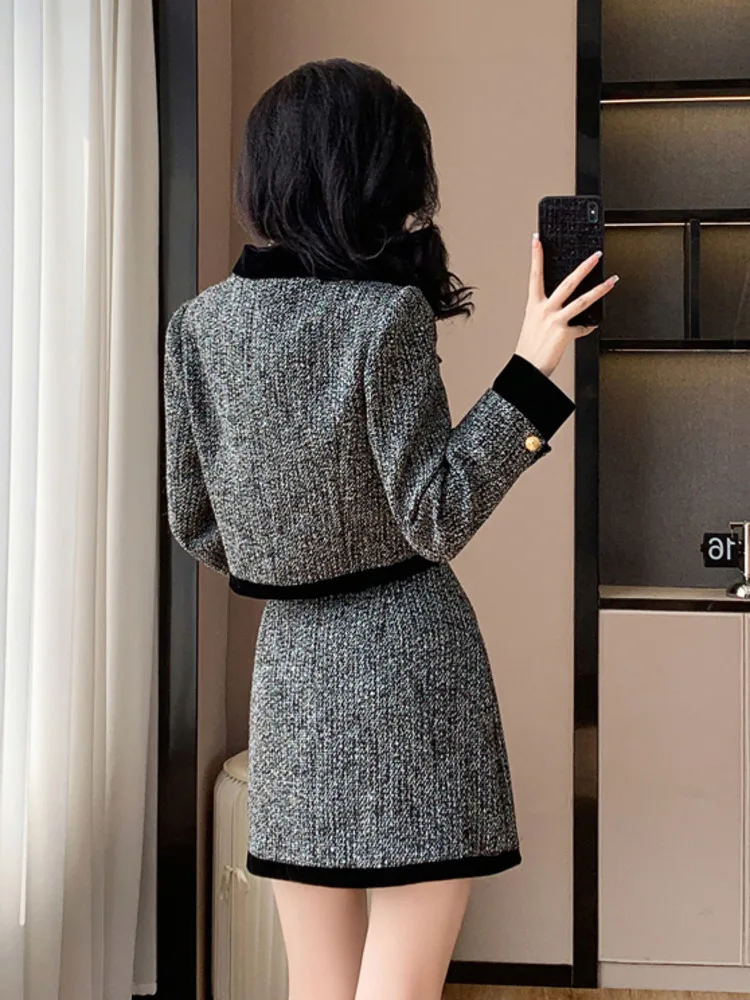 High Quality Fashion Casual Tweed 2 Piece Sets Women Outfit Thicker Jacket Coat + Skirt Suits Elegant Ladies Conjuntos Cortos