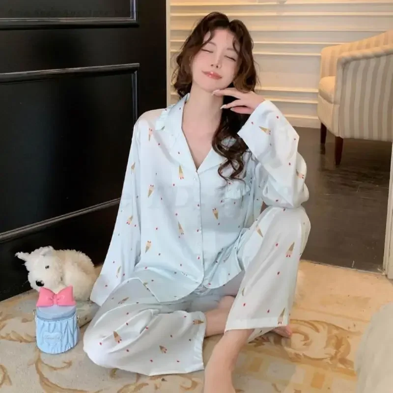 

Female Long Sleeve Pajamas Trouser Suits Spring Summer Silk Satin Sleepwear Home Clothing Blue Sweet 2PCS Shirt&Pant Loungewear
