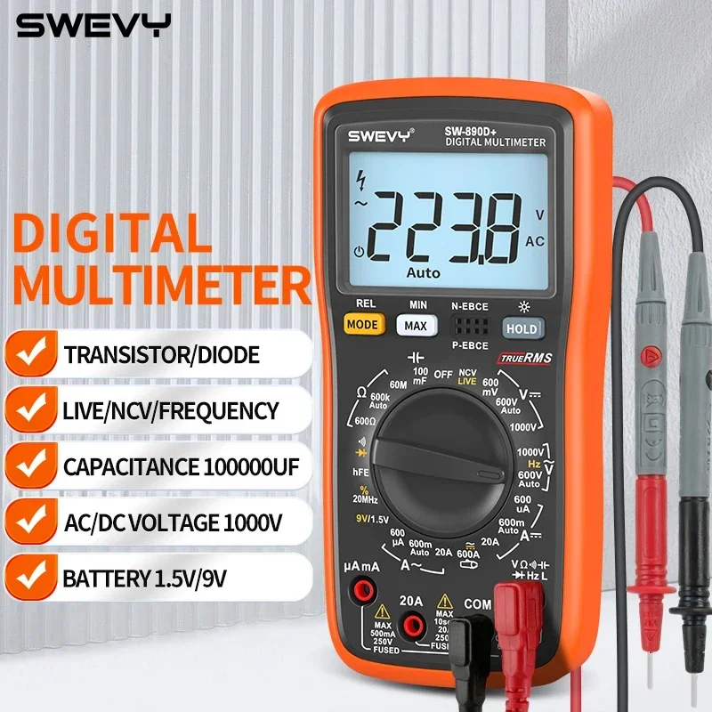 SWEVY 890 Series True RMS Digital Multimeter Auto-Ranging NCV/LIVE 100000uF Large Capacitance Transistor HFE Temperature 20A