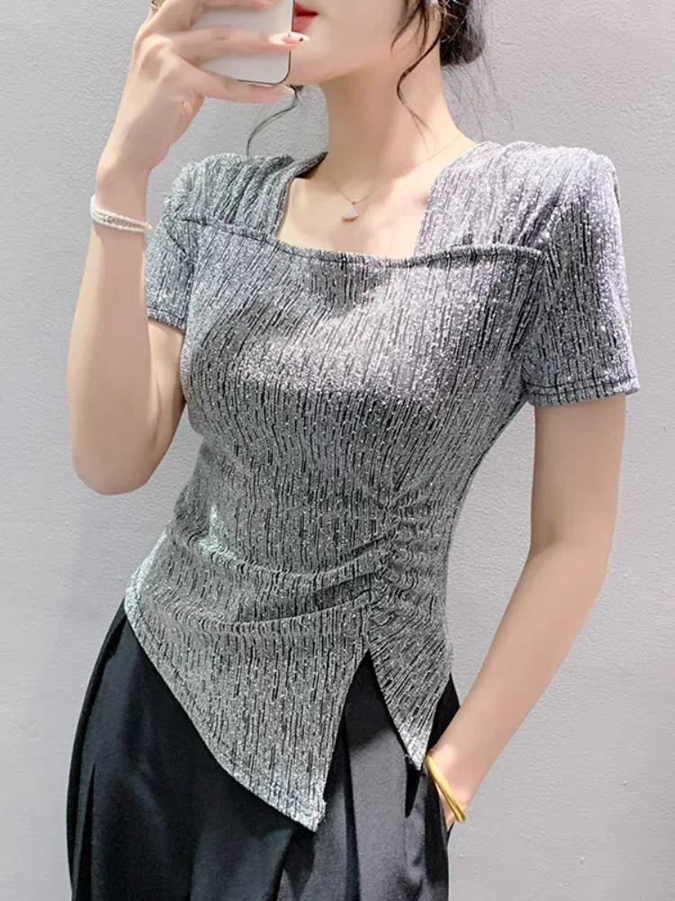 Summer Short Sleeve Square Collar T-shirt Tee Girls High Elasticity Shinning Clothing Women Fashion Split Irregular Tshirts Tops