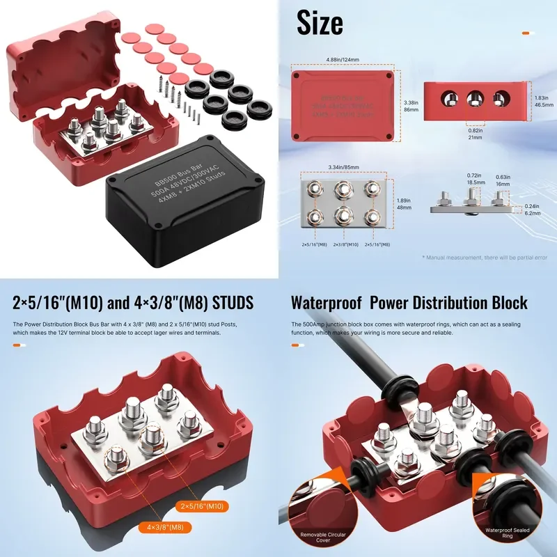 500A 48V Terminal Block Copper Black/Red Marine Busbar 6-Stud Screw Terminal Connector with Rubber Washer